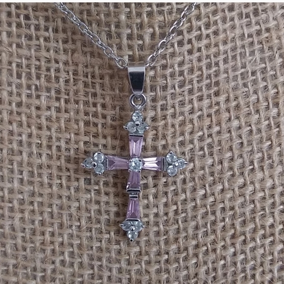 Cookie Lee Pink Stone Cross Pendant Silver Tone